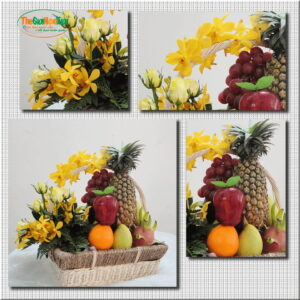 Giỏ trái cây thiết kế sang trọng, các loại trái cây tươi ngon bao gồm cả trái cây theo mùa được bố trí bên cạnh những bông hoa, với một dải ruy băng tuyệt đẹp, tạo ra một màn hình rực rỡ của sự tươi mát.